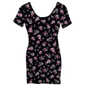 Forever 21 Bodycon Dress Black w/Pink Floral Print Size S